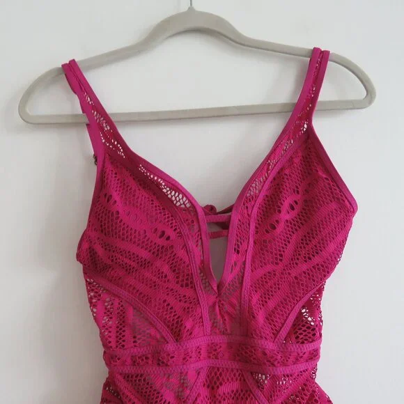 BECCA Purple Color Play Crochet Plunge One-Piece Swimsuit Magenta - Size XS - Picture 3 of 14